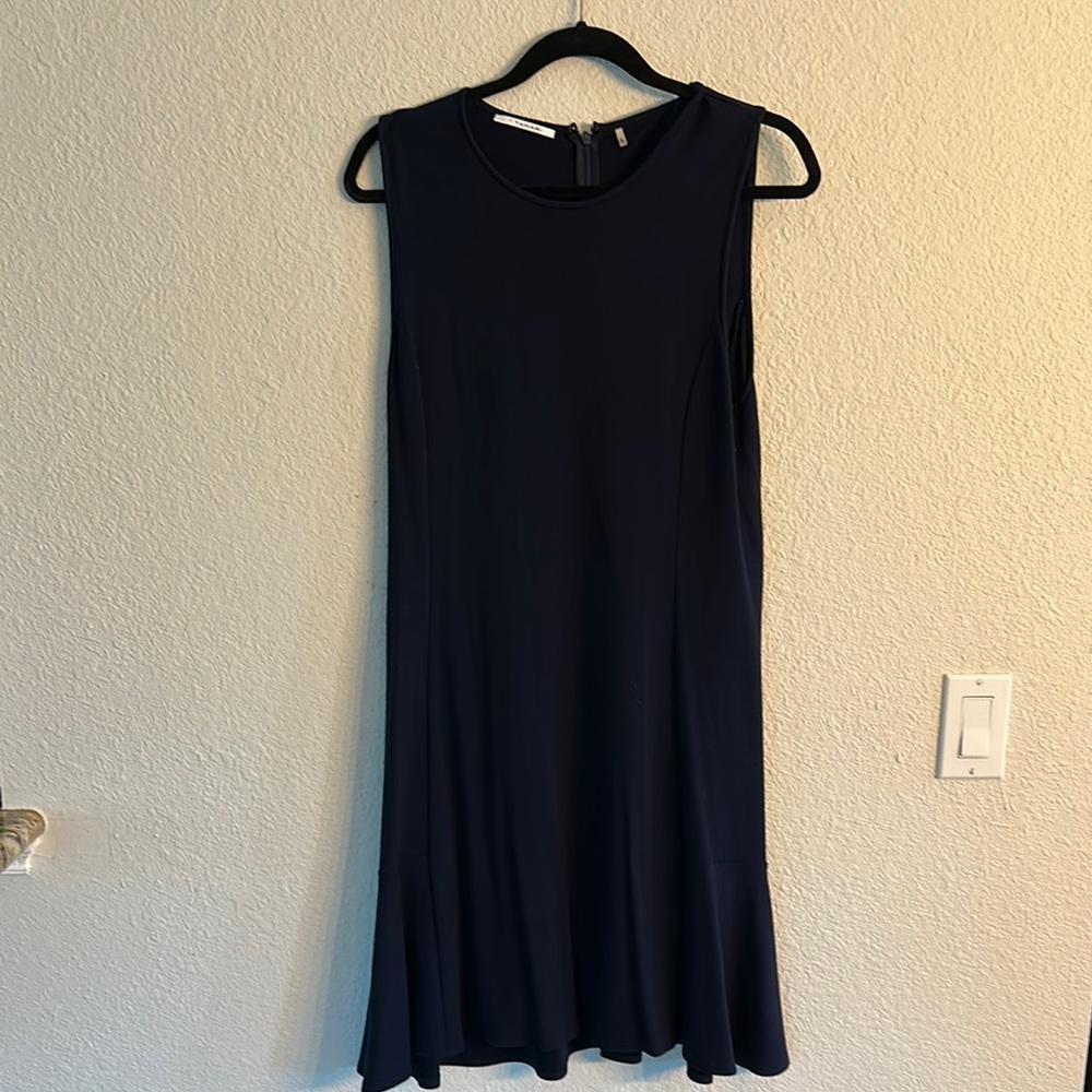 Tahari Navy Sleeveless Sheath Midi Dress with ruffle hem